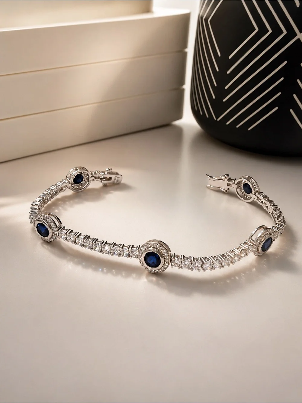 925 Sterling Silver Blue Sapphire wnd Cubic Zirconia Tennis Bracelet Size 7” - Picture 7 of 16